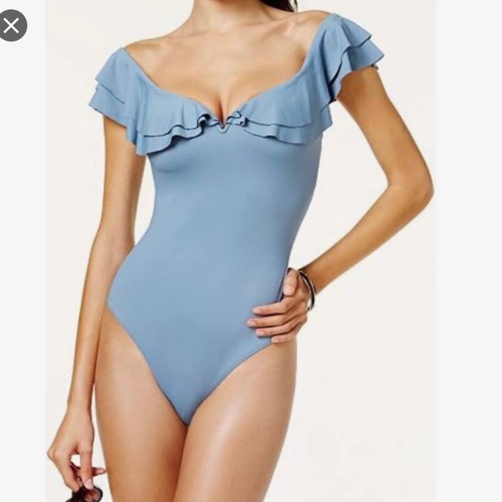 BECCA off the shoulder one piece swim suit blue ruffle small